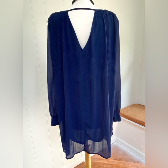 LoveRiche Pleated Chiffon Mini Dress Bishop Sleeve V Open Back Navy L - Picture 3 of 6